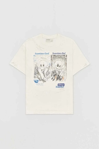 Domrebel Kanada Yapımı %100 Pamuk Regular Fit T - Shirt - Özgün Sanat Ve Onarım Nakışları İle Beyaz