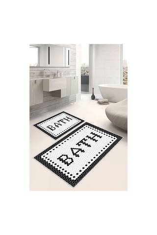 Bath Yazılı Dijital Baskılı Kaymaz Yıkanabilir 2li Banyo Paspası Siyah