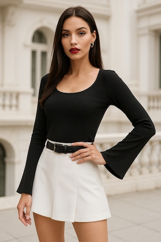 Rich Kadın Siyah Soft Touch Fitilli Çan Kollu Bluz Siyah