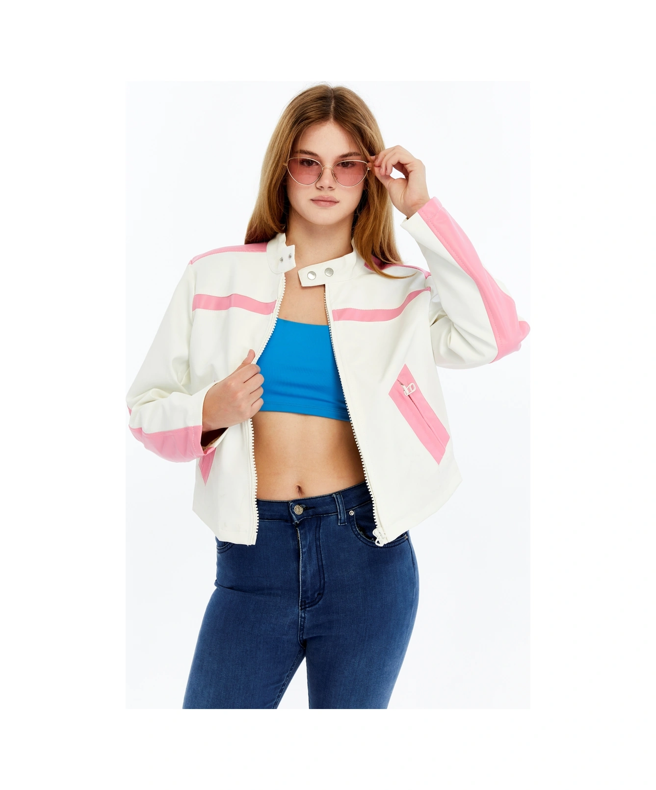 Kadın Şeritli Deri Ceket Günlük Kullanım Niş Özgün Tasarım Mont Fermuarlı Standart Bomber Ceket Beyaz