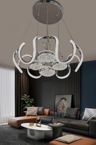 Eliza 4 Toplu Simli Slikonlu Modern Yüksek Işık Salon Led Avizesi - Kumandalı / Krom Krom