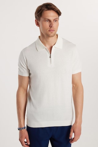 Tudors Erkek Slim Fit Dar Kesim Pamuklu Örme Triko Fermuarlı Beyaz Polo Yaka Tişört-33177 Beyaz
