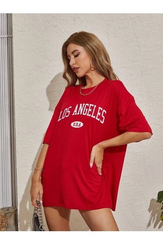 Los Angeles U.s.a T-shirt - Kırmızı Baskılı Oversize Bisiklet Yaka Kısa Kol Tişört Kirmizi