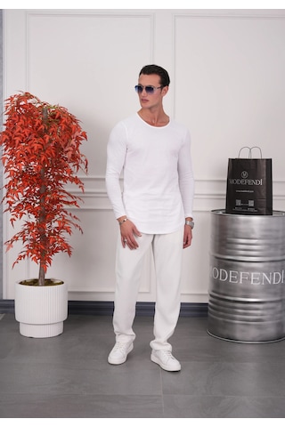 Modefendi Slim Fit Oval Kesim Uzun Kollu Pamuk Basic Tshırt Beyaz