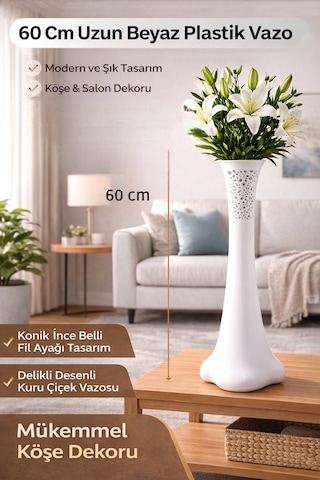 60 Cm İnce Belli Beyaz Plastik Vazo Fil Ayağı Delikli Desenli Kuru Çiçek Dekor Vazosu Beyaz