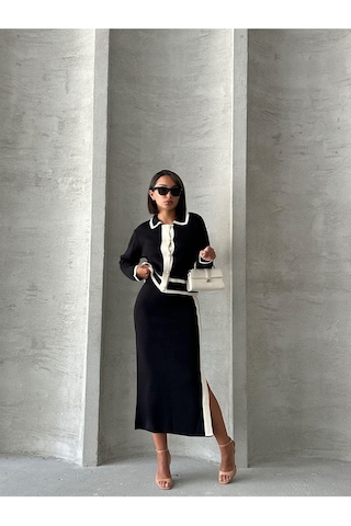 Kadın Inci Düğmeli Etekli Triko Takım Siyah