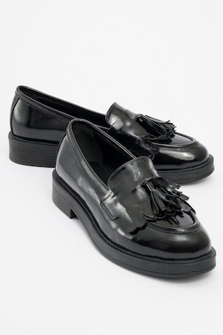 Luvishoes Luvi Shoes Milina Siyah Rugan Püsküllü Hakiki Deri Kadın Loafer Ayakkabı Siyah