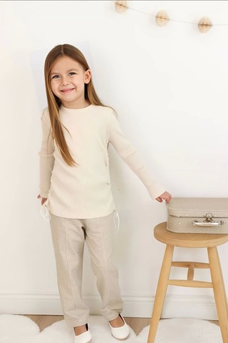 Ekose Pantolonlu Krem Renk Kız Çocuk Takım KREM