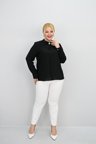 Kadın Büyük Beden Hakim Yaka Taş Broş Detaylı Bluz 0034-25 Siyah