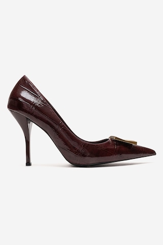 Luvishoes Dexen Bordo Baskı Metal Tokalı Kadın İnce Topuklu Ayakkabı