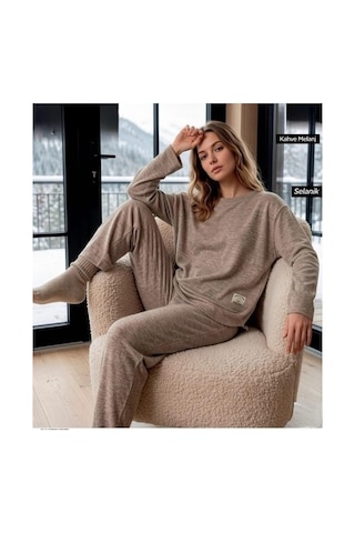 Pijamoni Kadın Bisiklet Yaka Uzun Kol Selanik Kışlık Pijama Takımı 1155-3 - 1 Adet Kahverengi