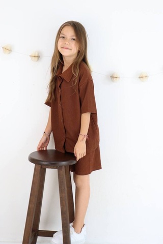 Gömlek Oversize Kız Şort Takım Karamel Kahve Açık Kahverengi