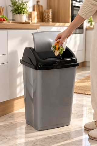 Porsima 1407 50 Lt Vittoria Sallanır Döner Kapaklı Mutfak Ve Banyo Çöp Kovası Gri / Siyah Kapaklı