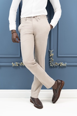 Ecer Regular Fit Beli İplikli Yan Cepli Astarsız Kışlık Kumaş Pantolon Krem