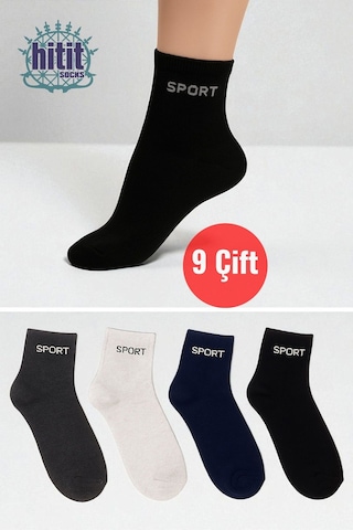 Hitit Socks 9 Çift Pamuklu Günlük Kullanıma Uygun Sport Yazılı Yazlık Nefes Alan Kısa Çorap Siyah
