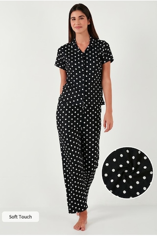 Lela Regular Fit Gömlek Yaka Kısa Kollu Bayan Pijama Takımı 65780124 Siyah