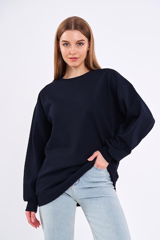 Comeor Lacivert Kadın Pamuklu Oversize Basic Bisiklet Yaka Sweatshirt 001