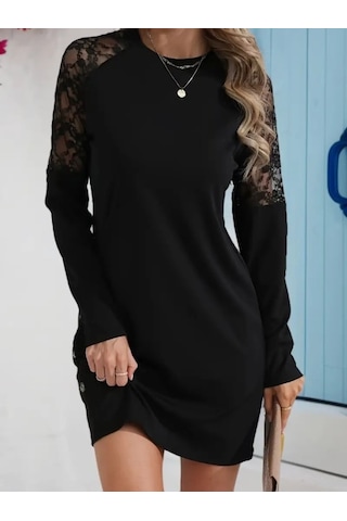Moderie Butik Kadın Uzun Kollu Bisiklet Yaka Dantel Detaylı Visk8n Iki Iplik Düğmeli Mini Elbise Siyah