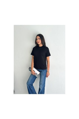 Fiolin Kadın Siyah Dik Yaka 2'li Paket %100 Pamuk Basic Örme T-shirt