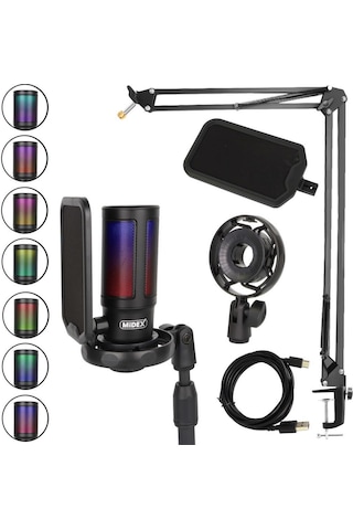Midex V6 Rgb Set Usb Oyuncu Ve Yayıncı Mikrofonu Condenser Stüdyo Kayıt Gaming Tiktok Twitch Canlı Yayın Discord Youtube