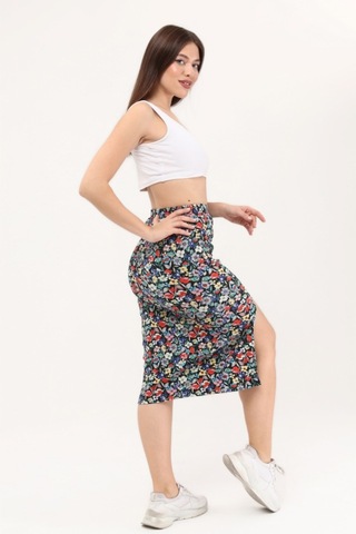 Çiçek Desenli Yırtmaçlı Kalem Etek