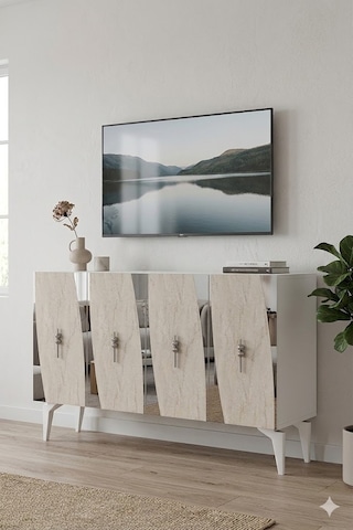 Ka1213bts Elips Konsol Ve Tv Sehpası Beyaz-traverten-silver 120cm