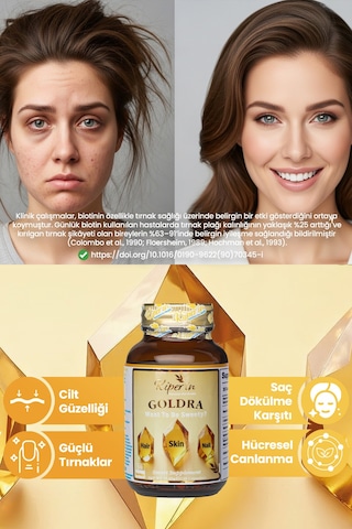 Kiperin Goldra Cilt, Saç Ve Tırnak Biotin, Keratin, Üzüm Çekirdeği, Hyaluronik Asit 30 Kapsül
