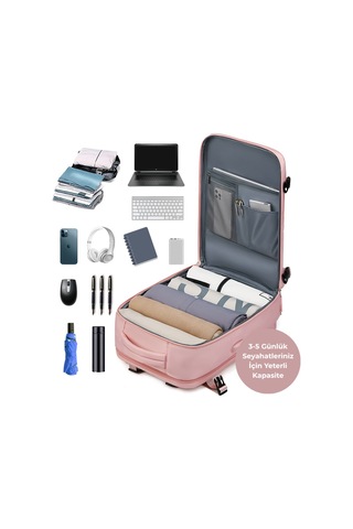 Su Geçirmez 16" İnç 30l Ayakkabı Bölmeli Seyahat Sırt Çantası - Laptop Bölmeli, Usb Şarj Girişli Pembe