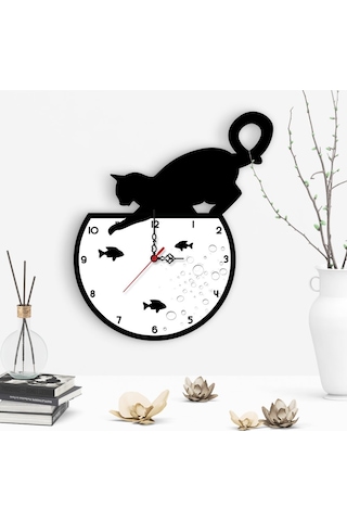 Dekoratif Kedi Tasarımlı Ahşap Duvar Saati - 2 Çok Renkli