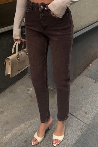 Balenbi Kadın Yüksek Bel Yıkamalı Mom Jean Likralı Kot Pantolon 1244 Kahverengi W129
