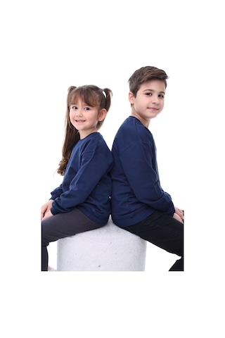 Basic Bisiklet Yaka Şardonlu Çocuk Sweatshirt 3-10 Yaş Krem Lacivert