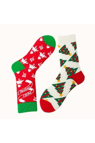 Erkek, Kadın Ve Çocuklara Özel Ağaç Ve Kar Tanesi Desenli Midi Yılbaşı Çorapları.