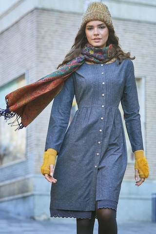 Nervürlü Yaka Dantelli Uzun Kollu Gri Elbise Desenli