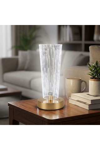 Silindirik Kristal Nokta Model Led Masa Lambası Gold Tabanlı, Dokunmatik, 3 Renk Işık Modlu, Şarjlı Modern Dek Renkli