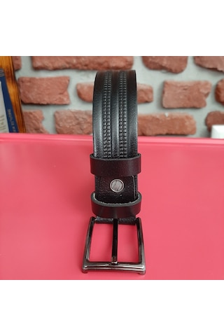 Erkek Kemer Baskı Desenli Siyah Hakiki Vejetal Dana Deri 3.5 CM Siyah