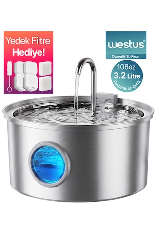 3.2 L Premium Paslanmaz Çelik Kedi Ve Köpek İçin Su Pınarı & Su Sebili Ultra Sessiz Su Seviyesi Led Göstergeli Yedek Filtre Hediye