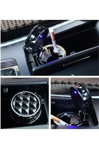 Kristal Pırlanta Taş Görünümlü Mavi Led Işıklı Lüx Oto Küllük Kapaklı Araç İçi Küllük Siyah
