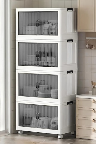 Çok Amaçlı Kapaklı Portatif İstiflenebilir Tekerlekli Organizer Dolap Beyaz Beyaz