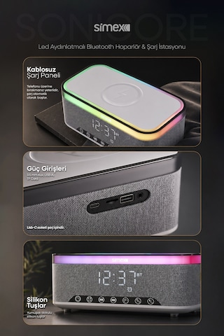 15w Kablosuz Şarj Standlı Bluetooth Hoparlör Yüksek Sesli Tws Ledli Speaker Taşınabilir Dijital Saat