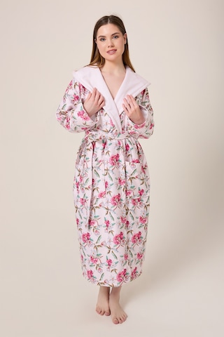 Peonia Fiore Desenli Dijital Baskılı Kapüşonlu Bornoz Pembe