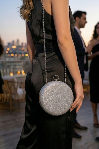Vivazzaluxe Modern Yuvarlak Model Simli Düğün Nişan Gelin Kadın Abiye Clutch Çanta Gümüş