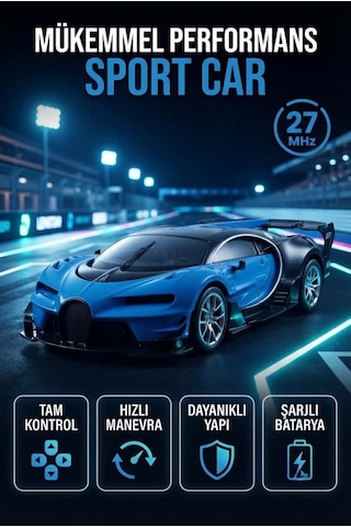 Bugatti Tasarımlı 1:14 Ölçekli 5 Kanal Uzaktan Kumandalı Şarjlı Spor Model Yarış Arabası Mavi