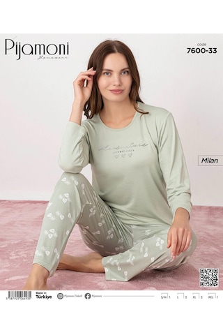 Pijamoni Kadın Milan Bisiklet Yaka Uzun Kol İnce Pijama Takımı 7600/33 - 1 Adet Yeşil