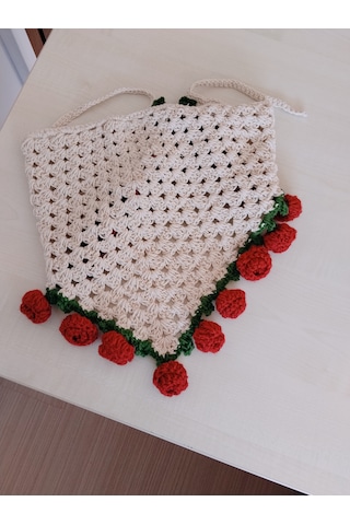 Gül Detaylı Pinterest Bandana Bej - Kırmızı