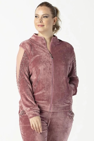 1950 Kolları Taşlı Tam Kalıp Tarz Kadife Büyük Beden Eşofman Takım Pembe Pembe