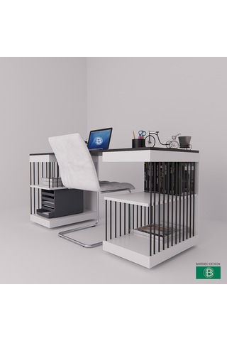 Çalışma Masası Raflı Çift Renk Modern Beyaz - Antrasit