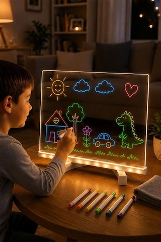 Işıklı Çizim Boyama Tahtası 7 Adet Kalem Hediyeli Neon Işıklı Eğitici Tahta