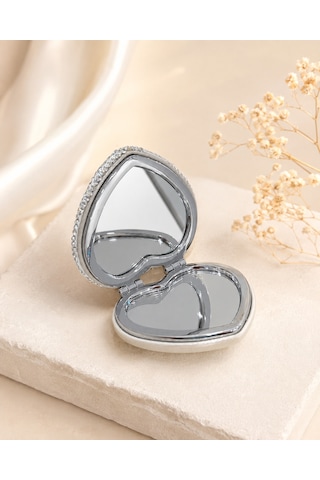 Silver Taşlı Kalpli Cep Aynası Gümüş