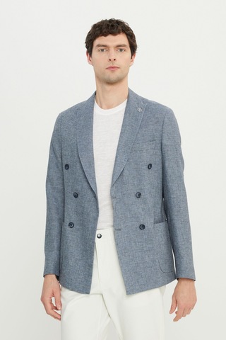 Erkek Indıgo Keten Slim Fit Dar Kesim Kırlangıç Yaka Flamlı Kruvaze Blazer Ceket Indıgo