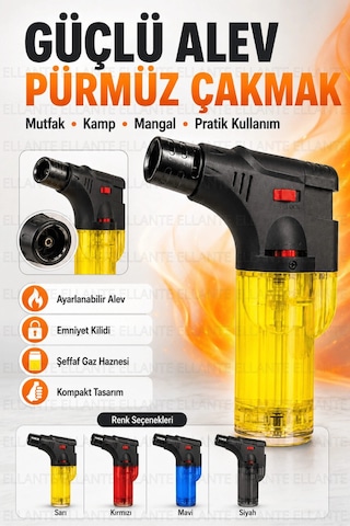 Pürmüz Çakmak Ayarlanabilir Alevli Emniyet Kilitli Şeffaf Gaz Hazneli Kompakt Mutfak Kamp Çakmağı Çok Renkli